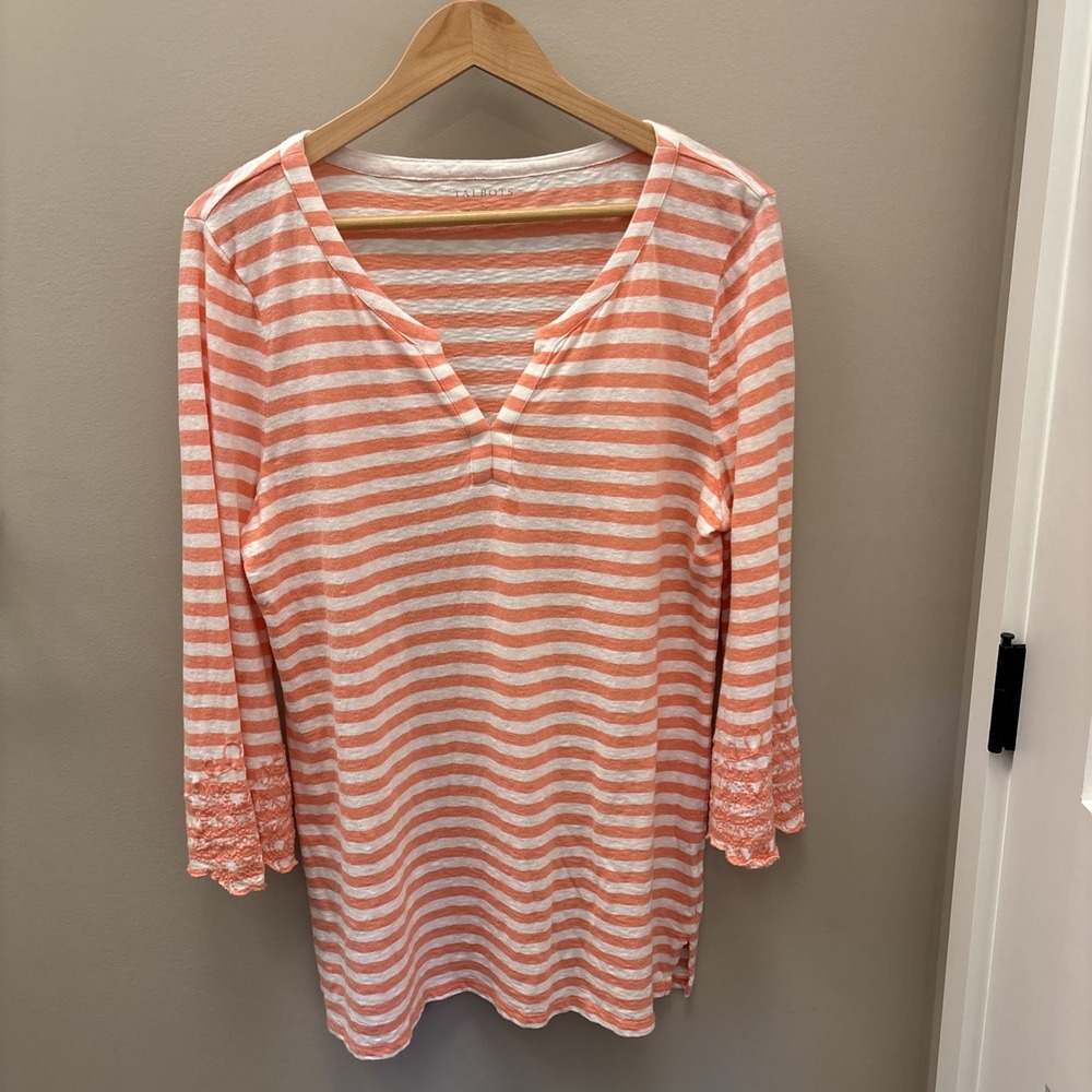 Talbots Women's peach 3/4 Floral Embroidered Sleeves Top Large